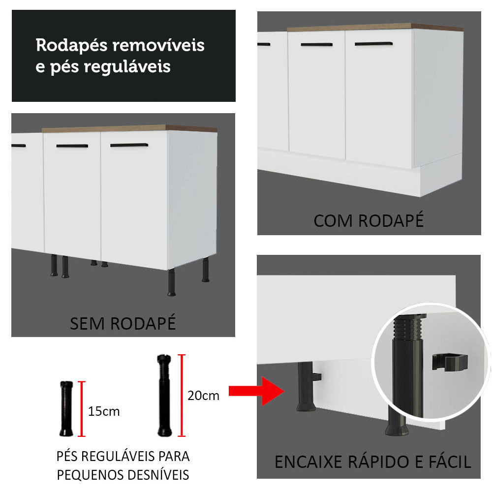 Armário de Cozinha Completa de Canto 486cm Branco Tampo Rustic 60cm de Profundidade Agata Madesa 01