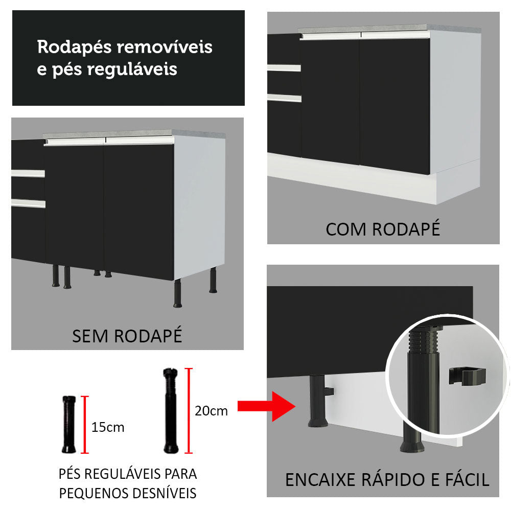 Armário de Cozinha Completa de Canto 349cm Branco Preto Glamy Madesa 02