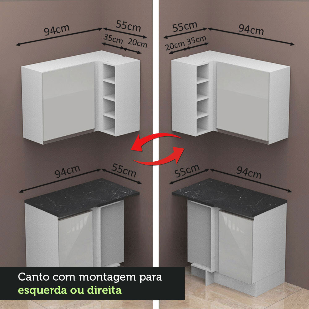 Armário de Cozinha Completa de Canto 100% MDF 459cm Frentes Branco Brilho Acordes Madesa 01