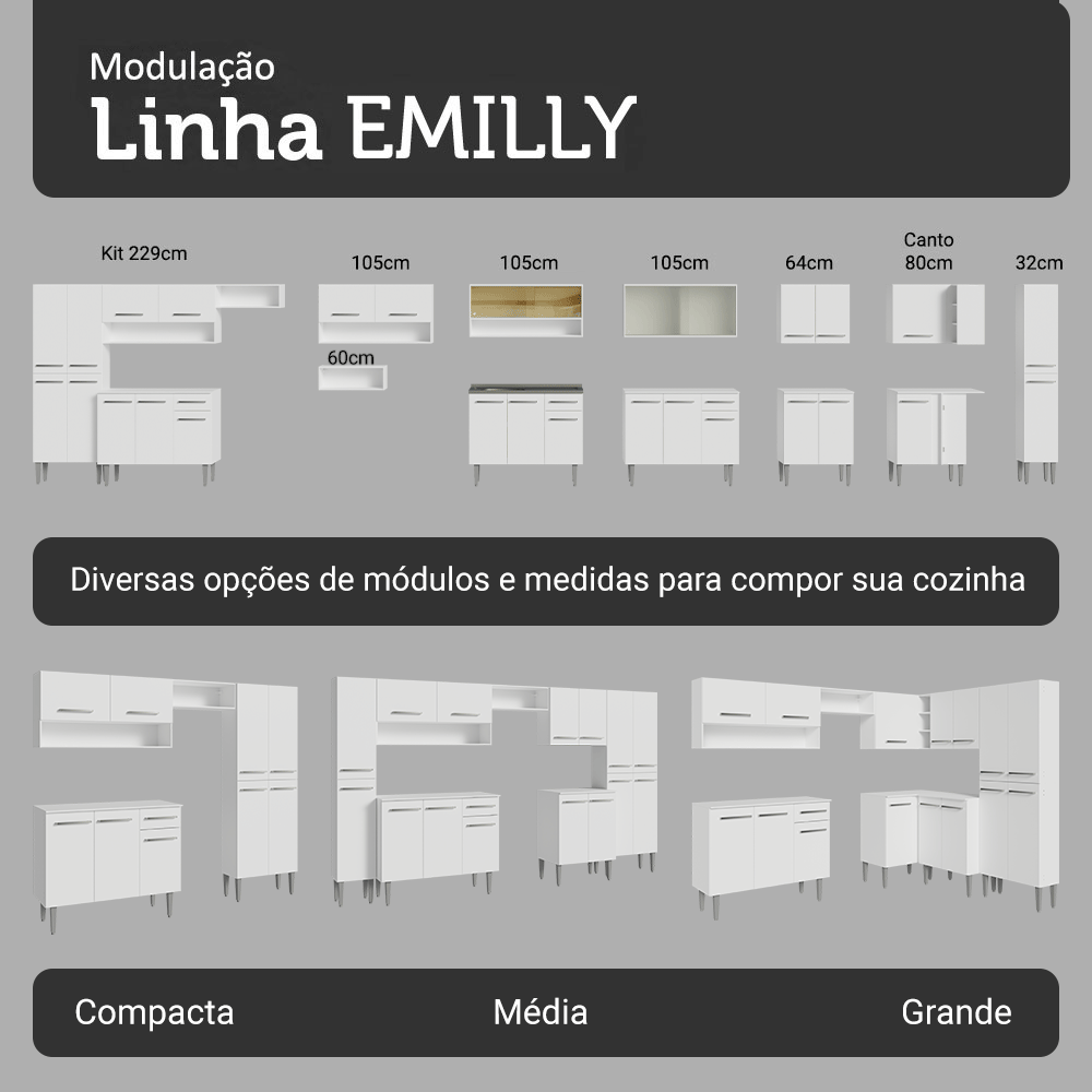 Armário de Cozinha Compacta 156cm Branco Emilly Madesa 01