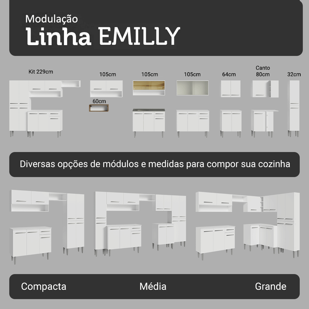 Armário de Cozinha Compacta 156 cm Branco/Rustic Emilly Madesa 01