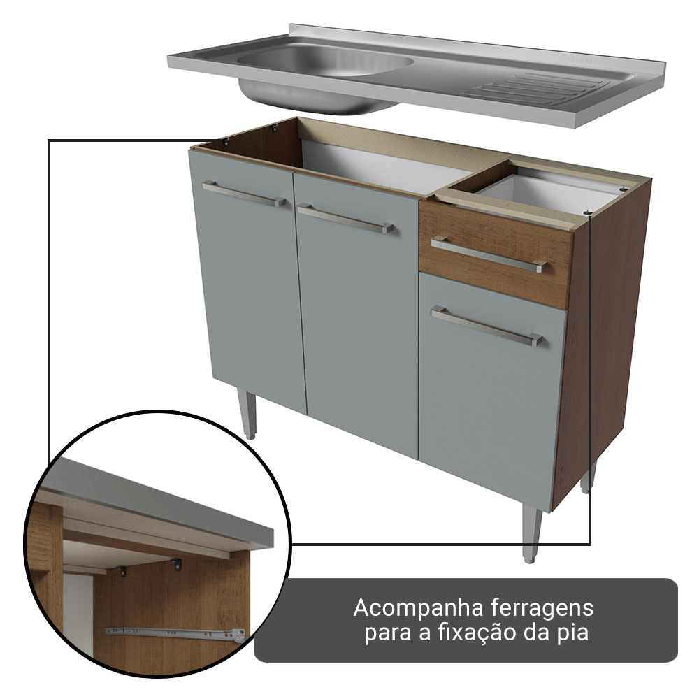 Armário de Cozinha Completa 293cm com Pia Rustic/Cinza Emilly Madesa 09