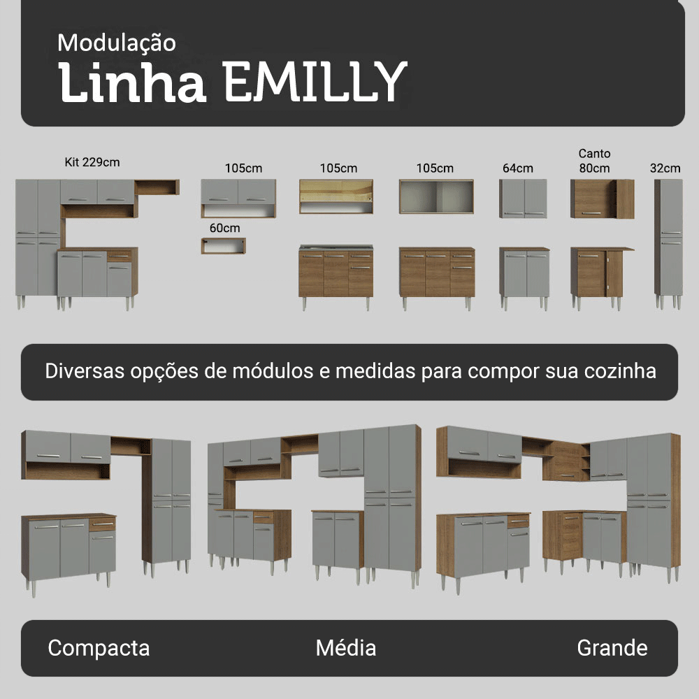 Armário de Cozinha Completa 293cm com Pia Rustic/Cinza Emilly Madesa 09