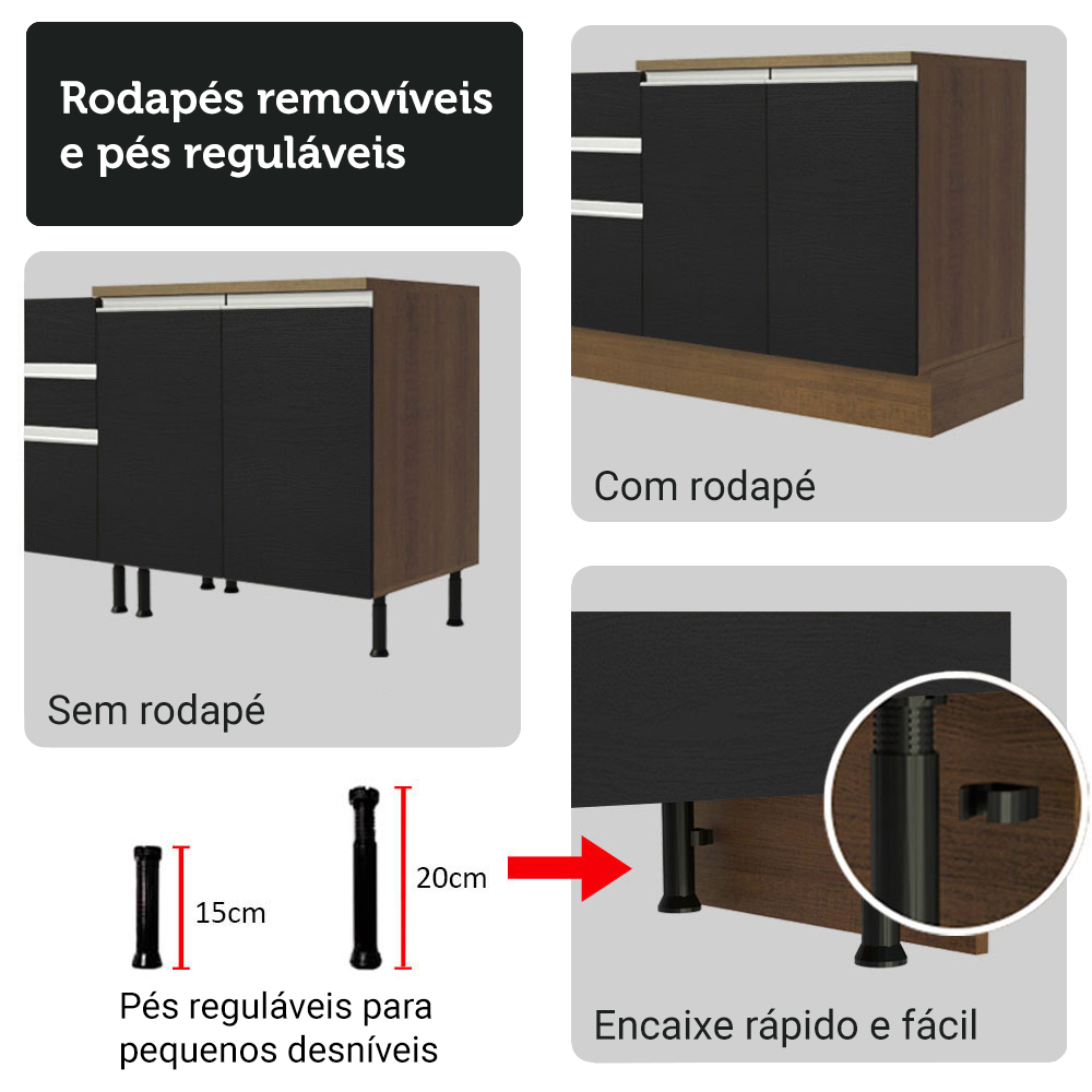 Armário de Cozinha Completa 340cm Rustic/Preto Glamy Madesa 01