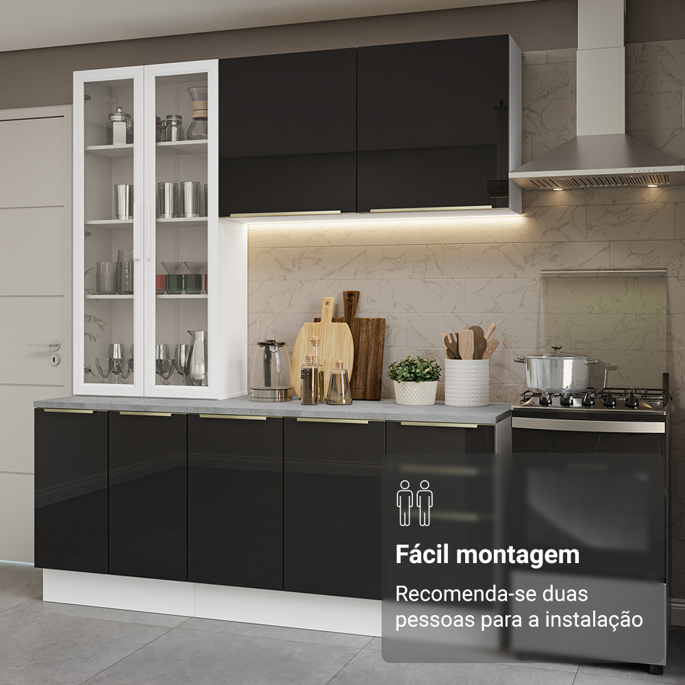 Armário de Cozinha Compacta 190 x 60 cm Branco/Preto Lux Madesa 02