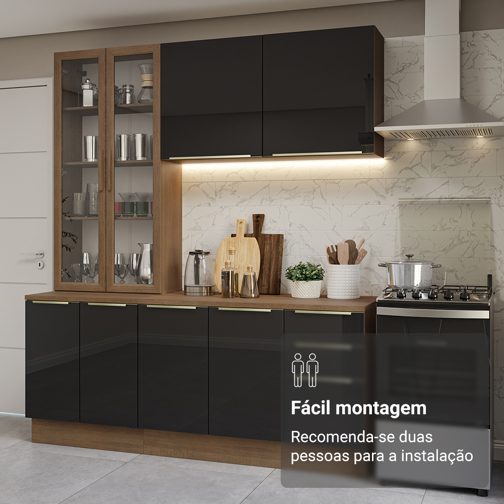 Armário de Cozinha Compacta 190 x 60 cm Rustic/Preto Lux Madesa 02