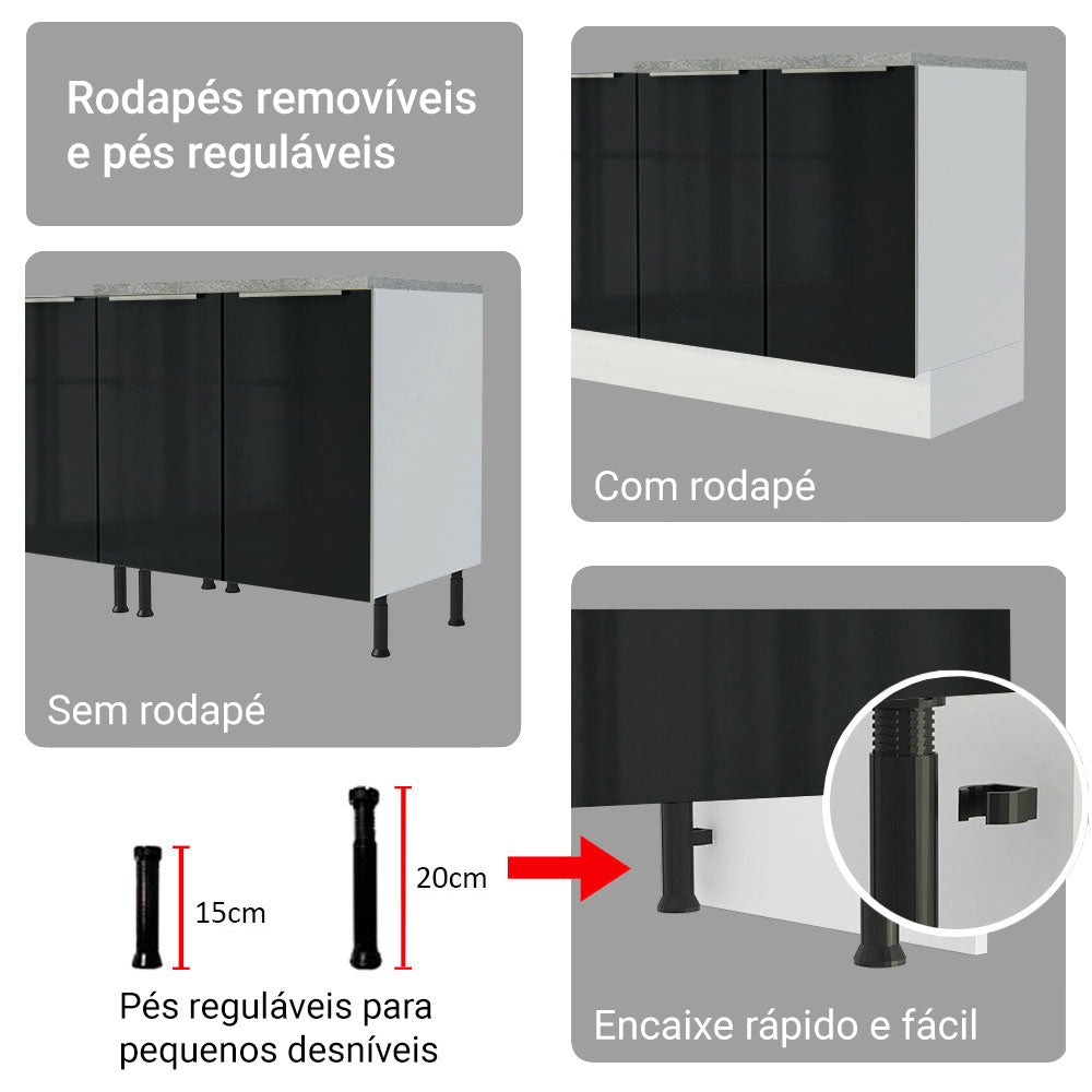 Armário de Cozinha Completa 270 x 60 cm Branco/Preto Lux Madesa 04
