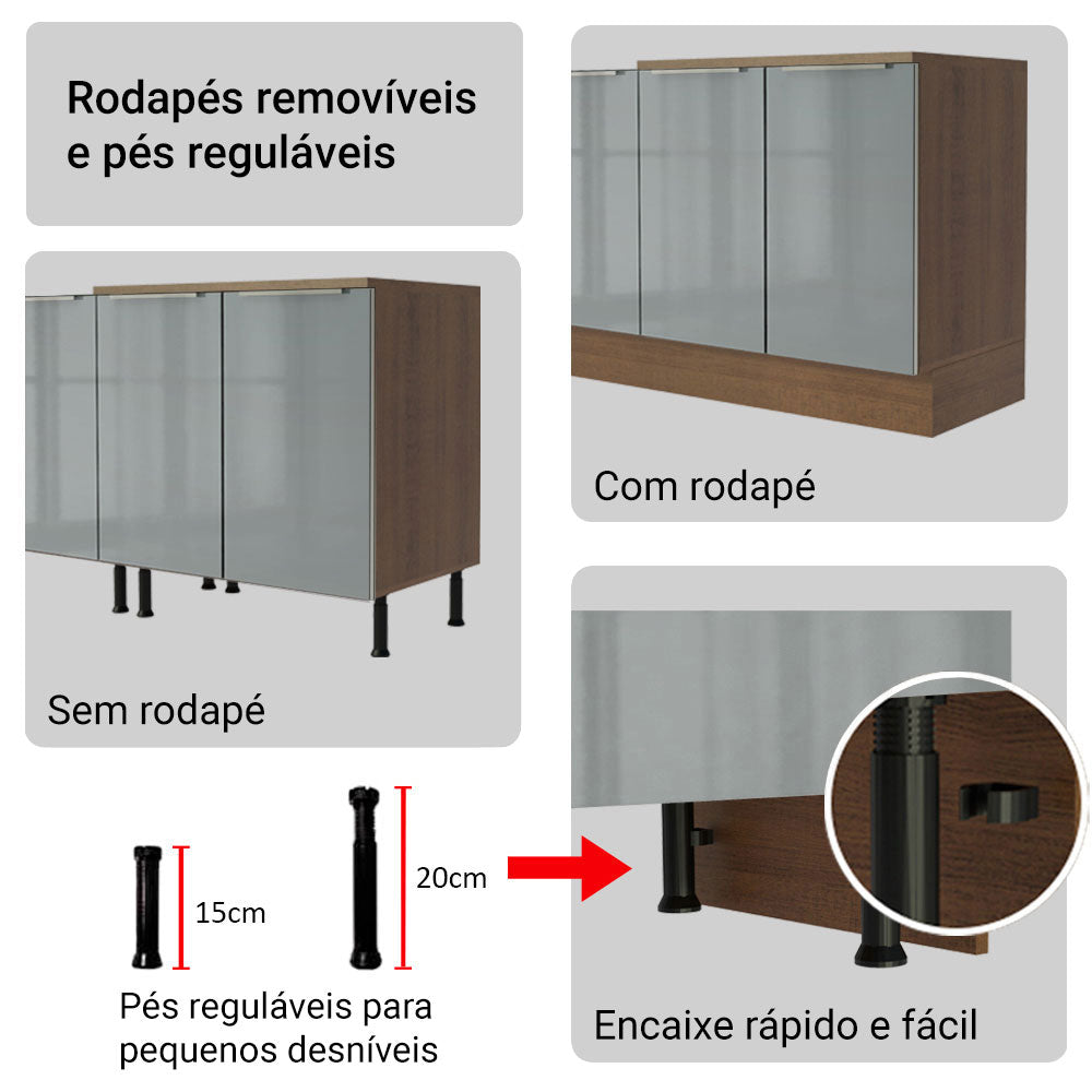 Armário de Cozinha Completa 270 x 60 cm Rustic/Cinza Lux Madesa 04