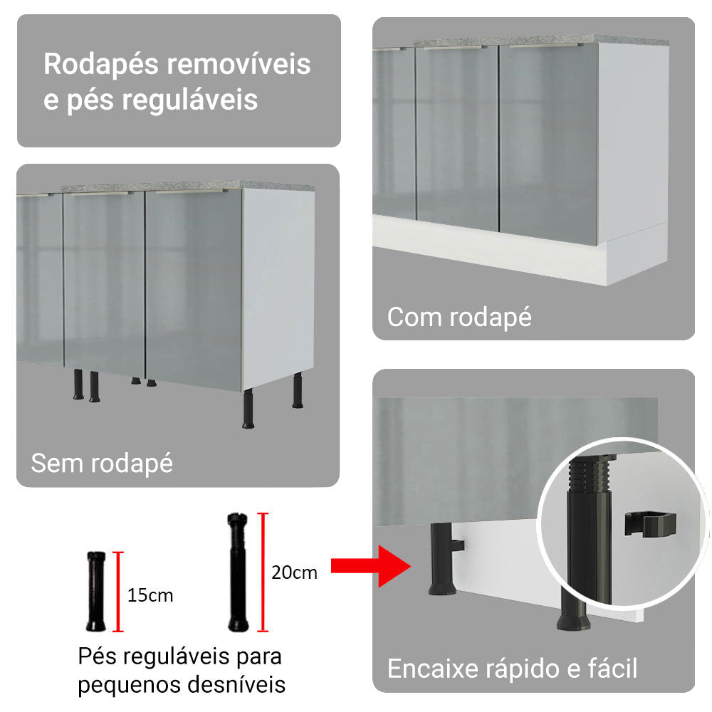 Armário de Cozinha Completa 270 x 60 cm Branco/Cinza Lux Madesa 04
