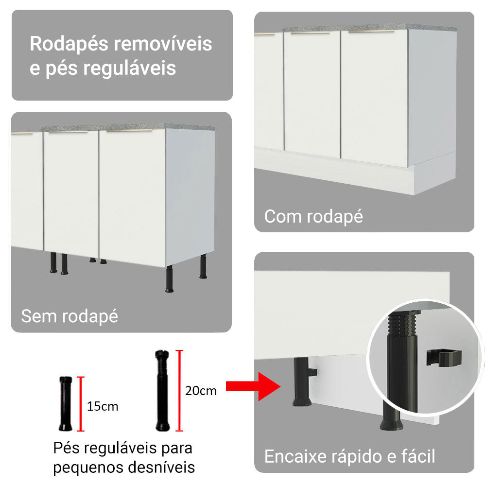 Armário de Cozinha Completa 270 x 60 cm Branco/Branco Veludo Lux Madesa 04