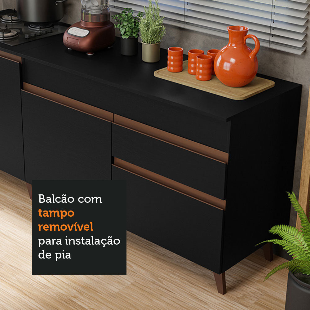 Kit com 2 Balcões de Cozinha Madesa Reims 4 Portas 1 Gaveta (Com Tampo) Preto