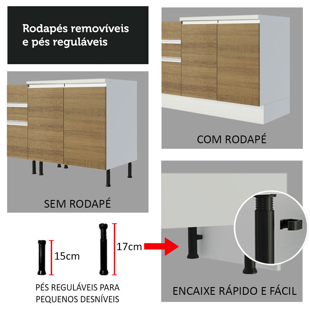Armário de Cozinha Completa 100% MDF 300cm Branco/Rustic/Crema Smart Madesa 02