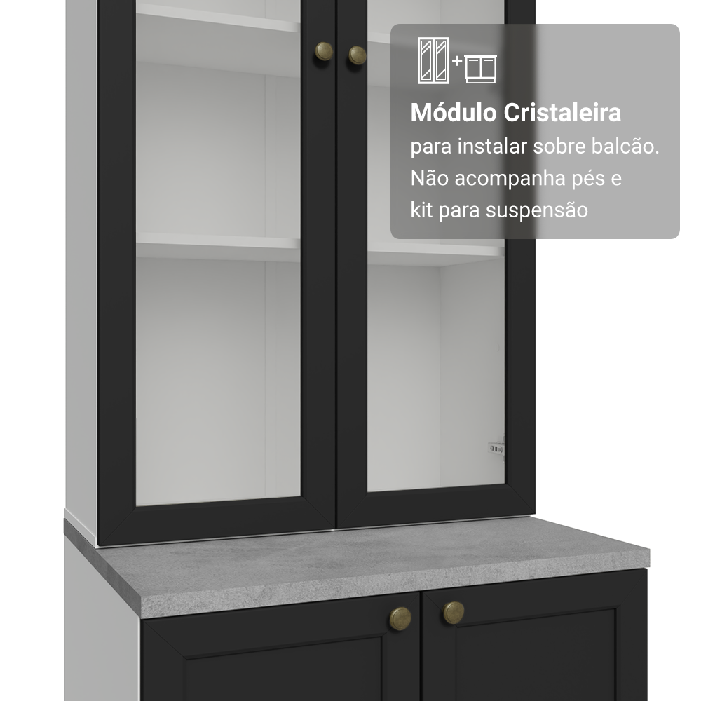 Kit Balcão + Cristaleira 70 cm Branco/Preto Vik Madesa 02