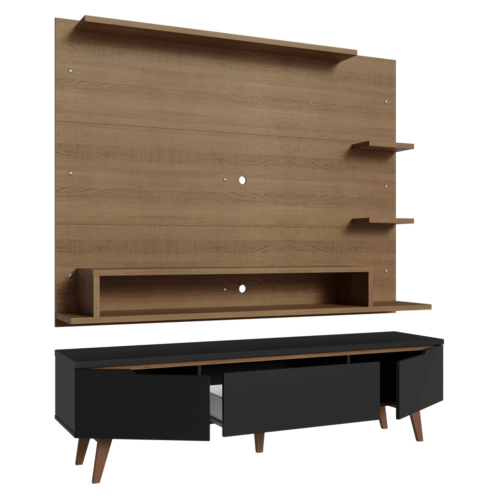 Rack com Painel para TV até 60 Polegadas 180 cm com Pés Rustic/Preto/Rustic Reims Madesa