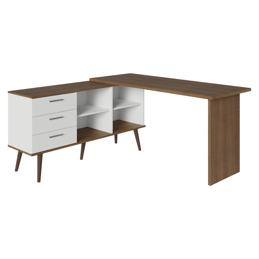 Escrivaninha Em L Mesa Para Computador Gamer 3 Gavetas Branco/Rustic Lisboa Madesa