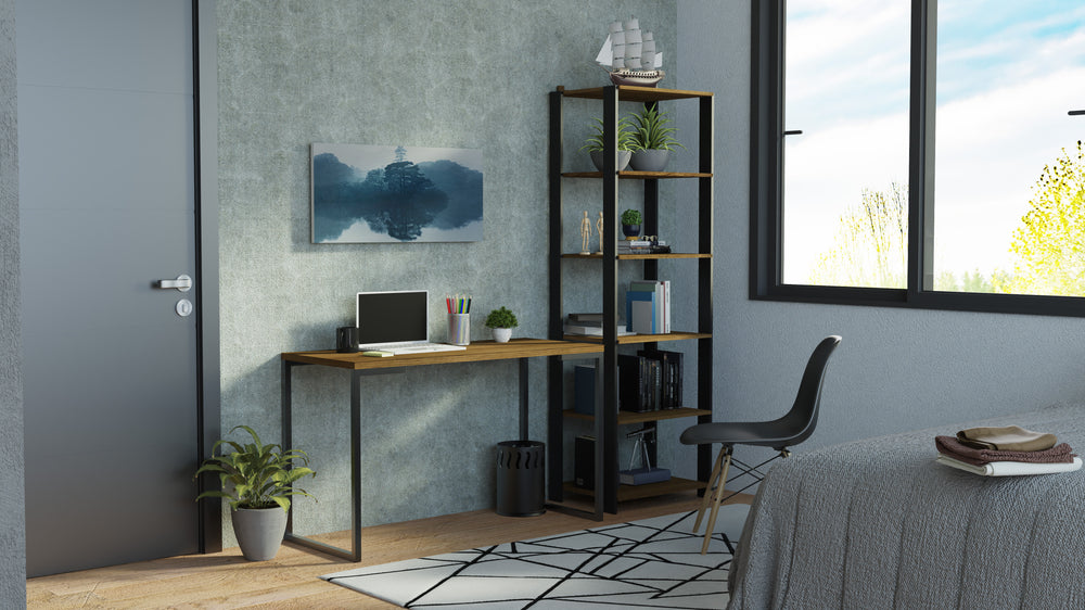 Conjunto Escritório Home Office com Mesa Industrial + Estante Preto/Rustic Madesa
