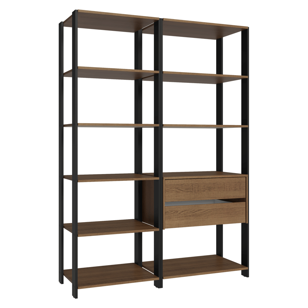 Estante Armário Multiuso para Escritório 129cm 9 Prateleiras 2 Gavetas Rustic/Preto Madesa