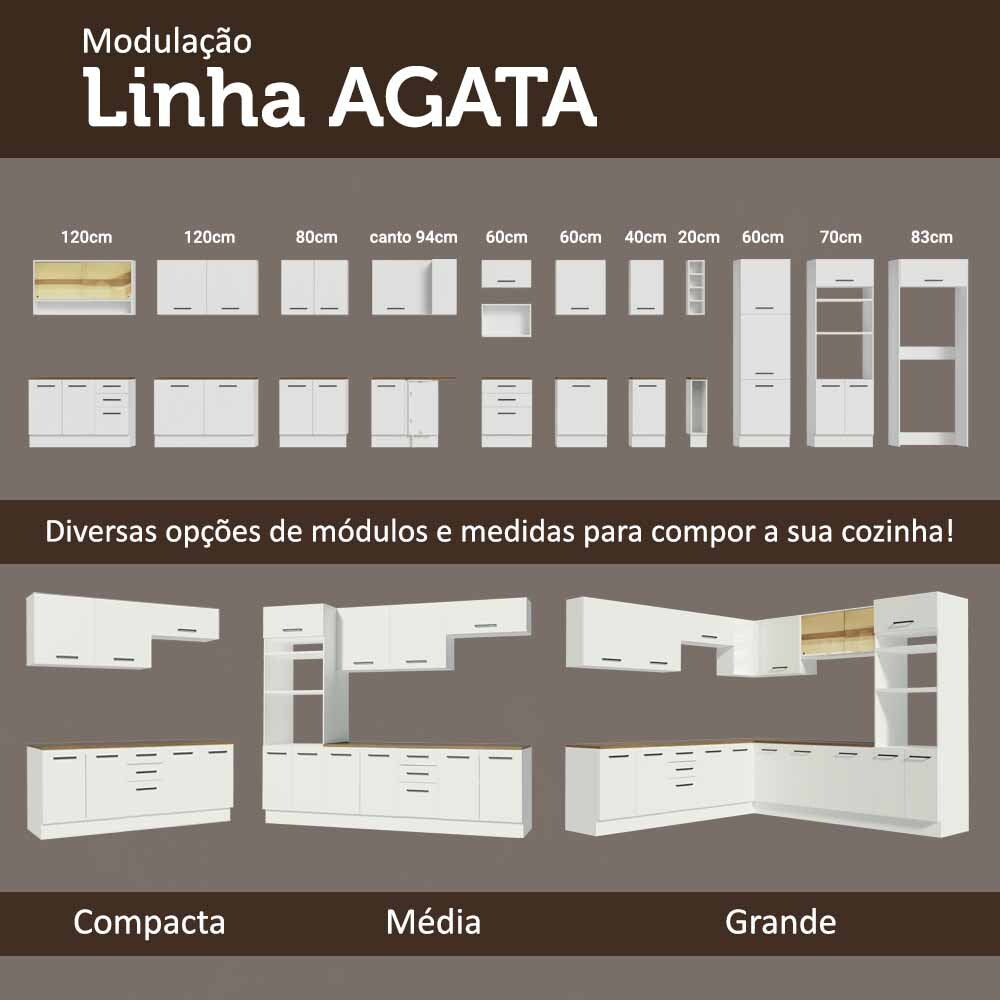 Kit com 2 Balcões e 2 Armários Aéreos Multiuso 200cm Branco/Rustic Agata Madesa