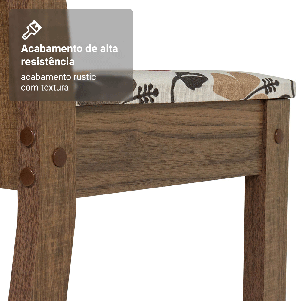 Conjunto Sala de Jantar Amora Mesa Tampo de Madeira 4 Cadeiras Rustic/Crema/Floral Hibiscos Madesa