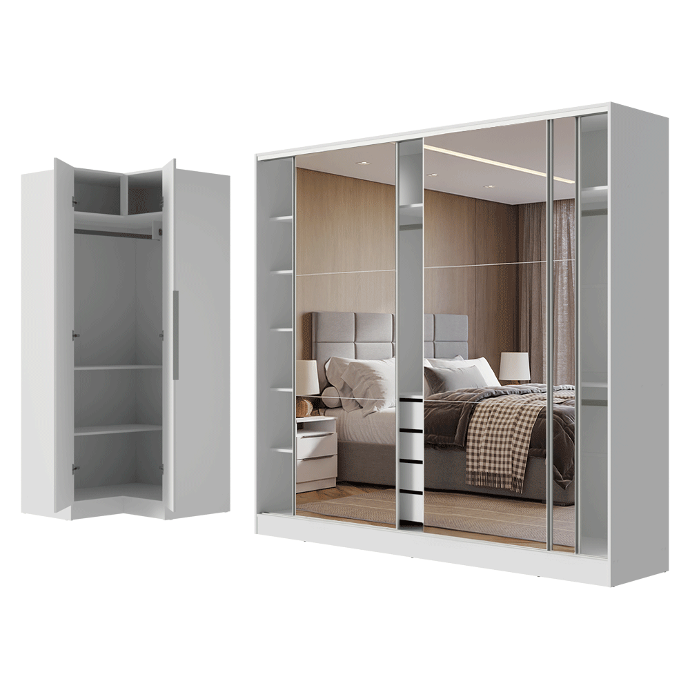 Guarda-Roupa Modulado Neo + Guarda-Roupa Royale 3 Portas de Correr de Espelho Branco Madesa