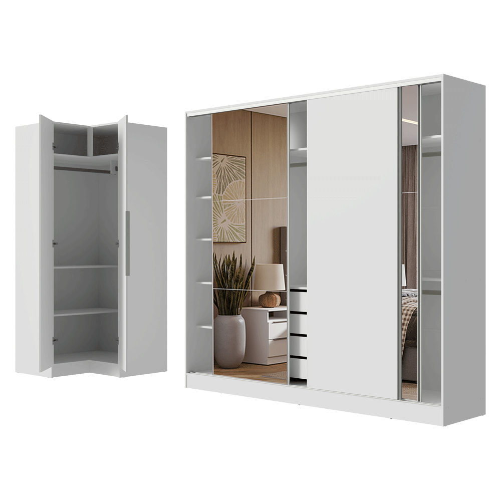 Guarda-Roupa Modulado Neo + Guarda-Roupa Royale 3 Portas de Correr com Espelhos Branco Madesa