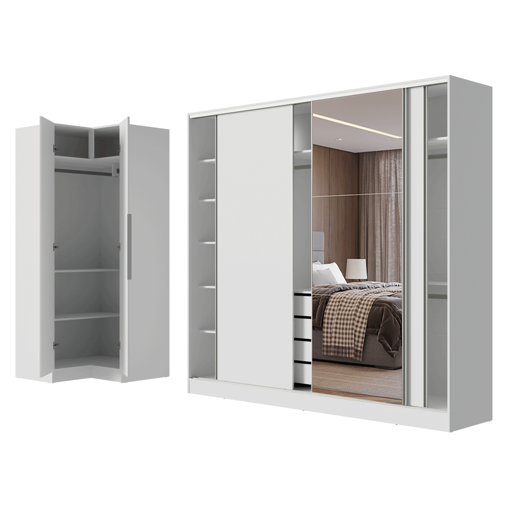 Guarda-Roupa Modulado Neo + Guarda-Roupa Royale 3 Portas de Correr com Espelho Branco Madesa