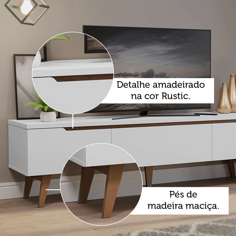 Rack para TV até 80 Polegadas 180cm 2 Portas 1 Gaveta Branco/Rustic Toronto Madesa
