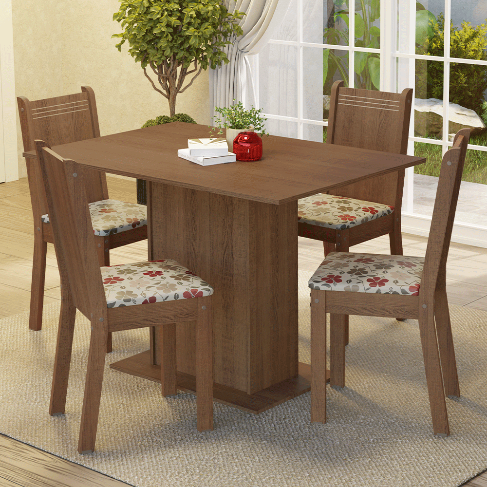 Conjunto Sala de Jantar Madesa Luana Mesa Tampo de Madeira com 4 Cadeiras Rustic/Floral Hibiscos