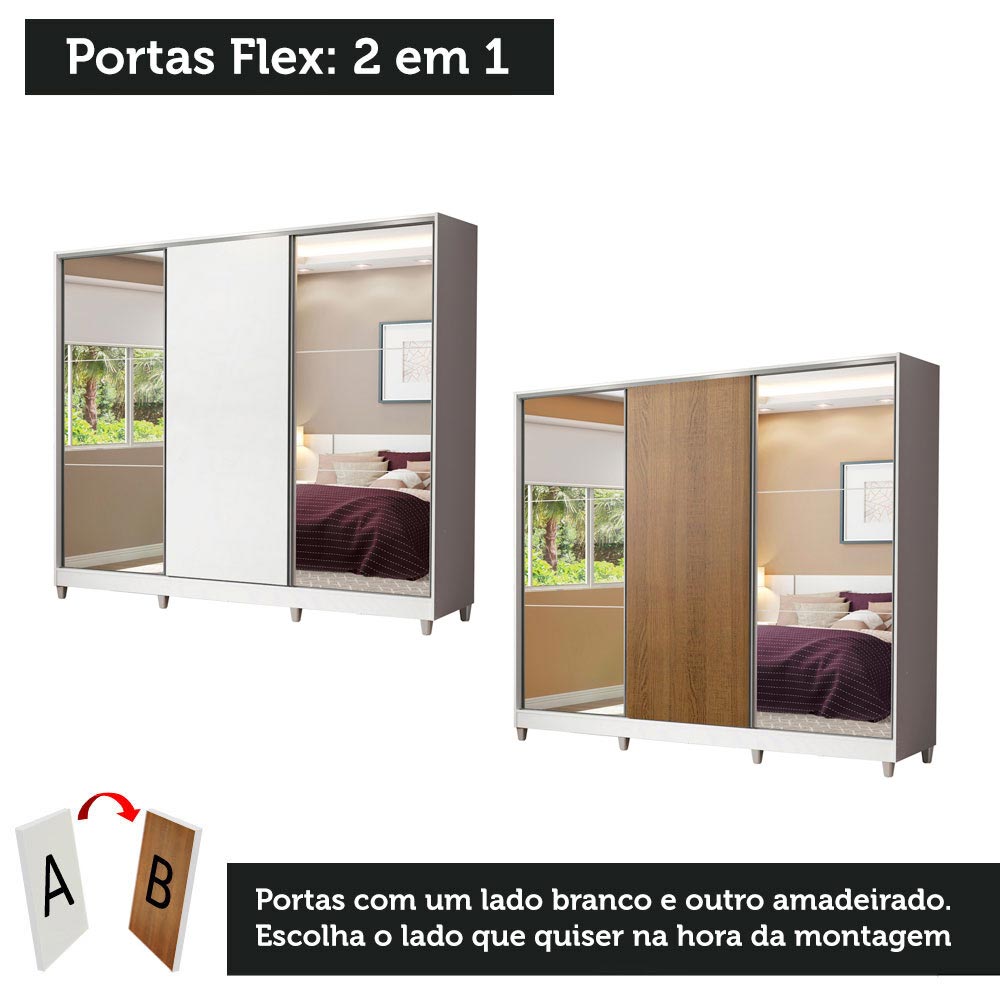 Guarda-Roupa Casal 100% MDF Madesa Royale 3 Portas de Correr com Espelhos com Pés Branco