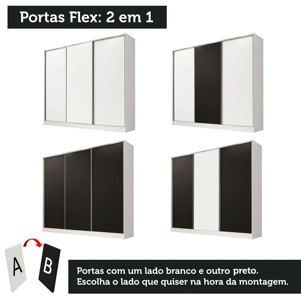 Guarda-Roupa Casal 100% MDF Madesa Royale 3 Portas de Correr Branco/Branco/Preto