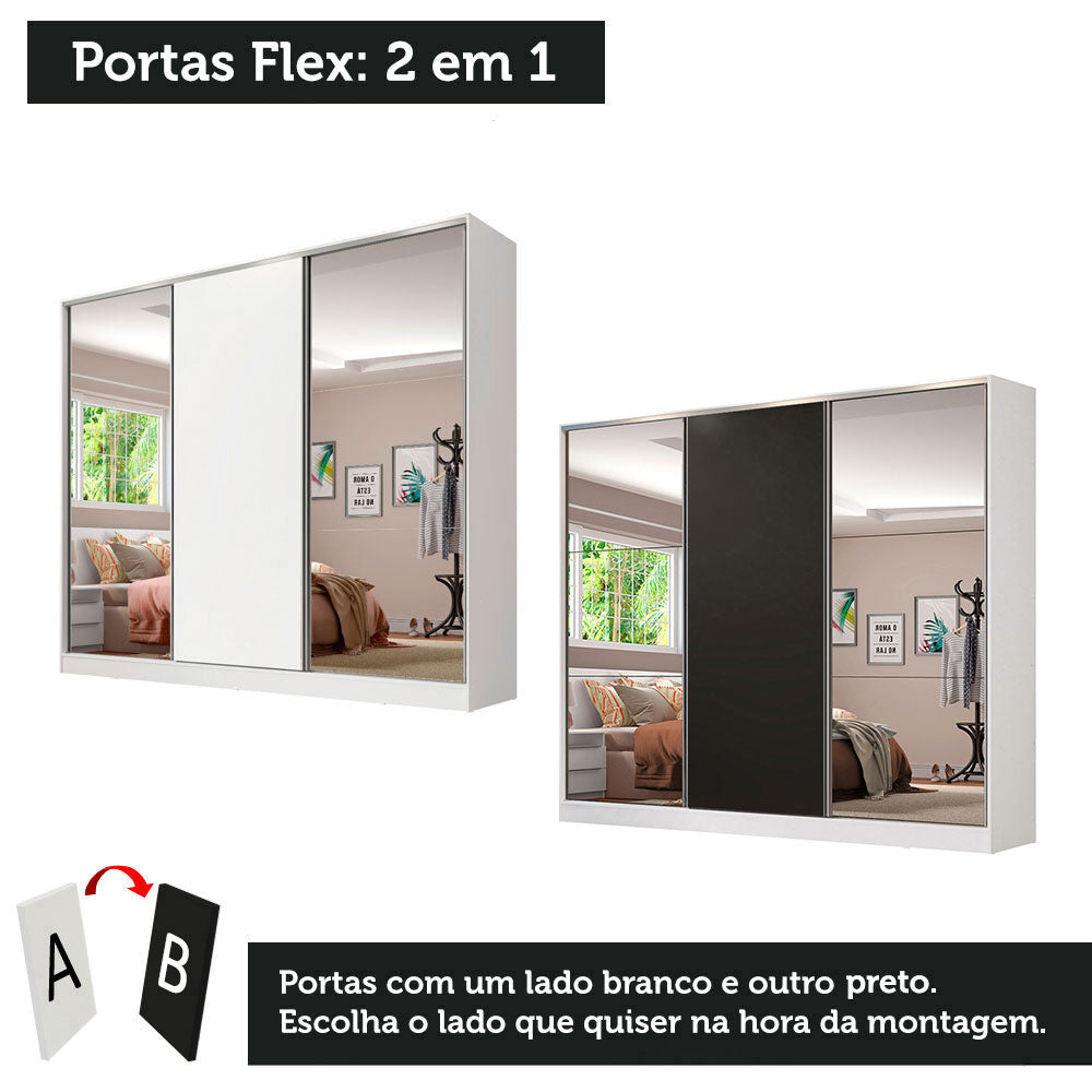 Guarda-Roupa Casal 100% MDF Madesa Royale 3 Portas de Correr com Espelhos Branco/Preto