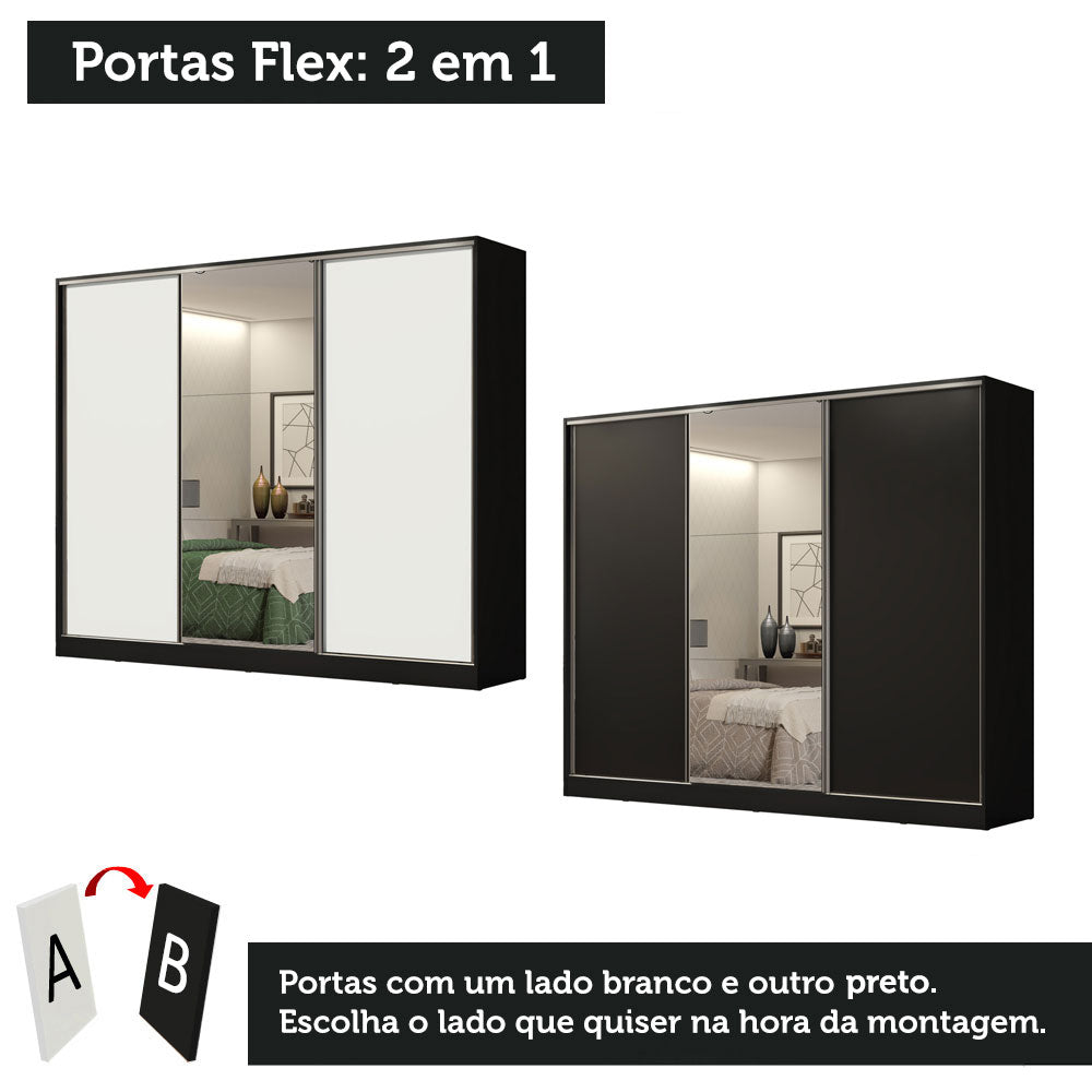 Guarda-Roupa Casal 100% MDF Madesa Royale 3 Portas de Correr com Espelho Preto/Branco