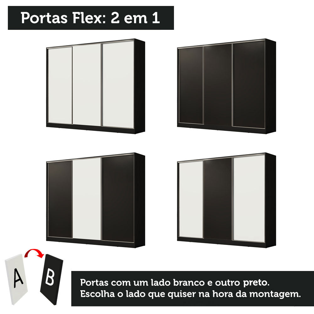 Guarda-Roupa Casal 100% MDF Madesa Royale 3 Portas de Correr Preto/Branco/Preto