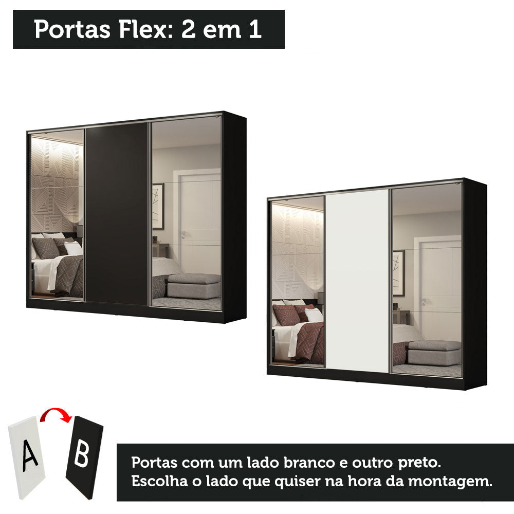 Guarda-Roupa Casal 100% MDF Madesa Royale 3 Portas de Correr com Espelhos Preto