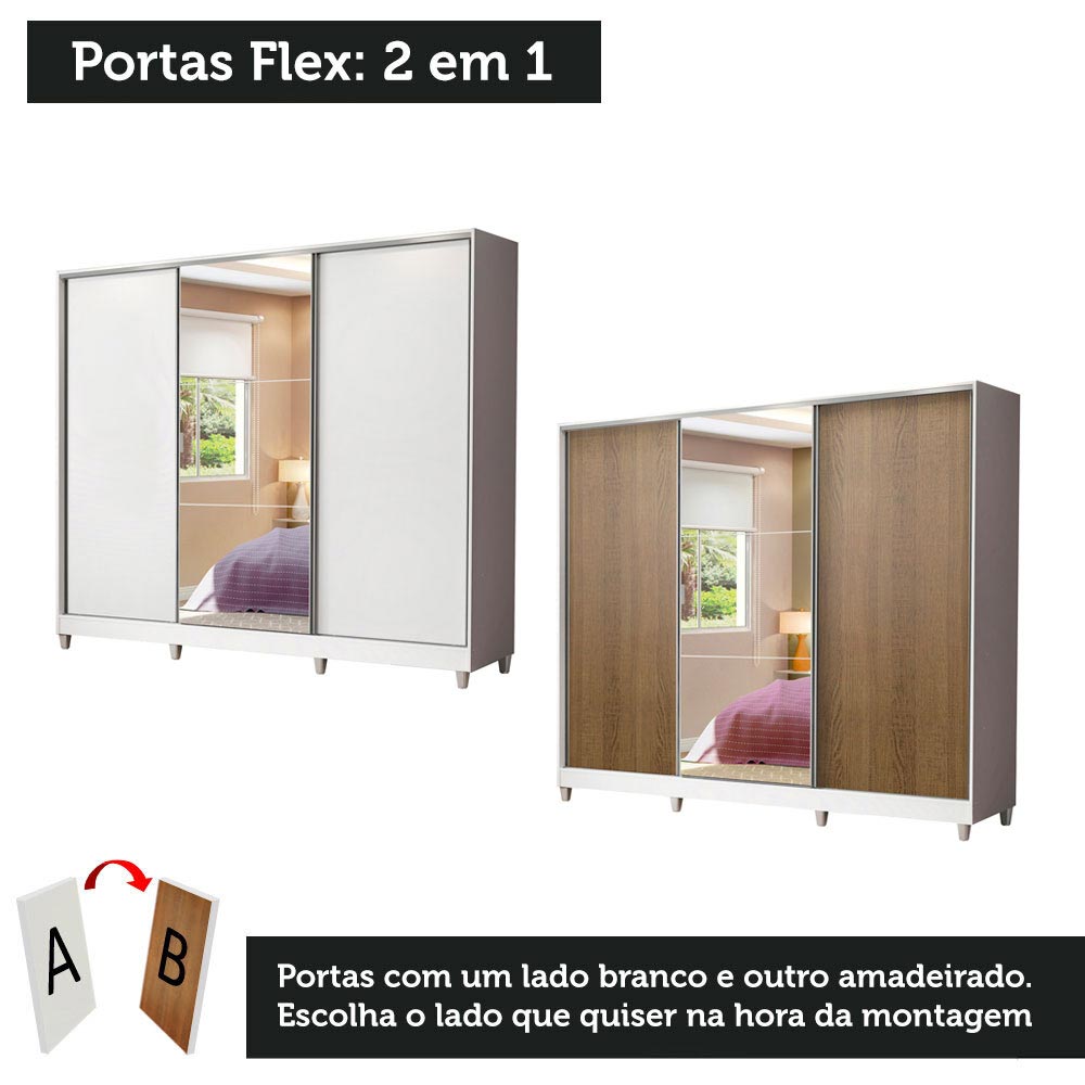 Guarda-Roupa Casal 100% MDF Madesa Royale 3 Portas de Correr com Espelho com Pés Branco/Rustic