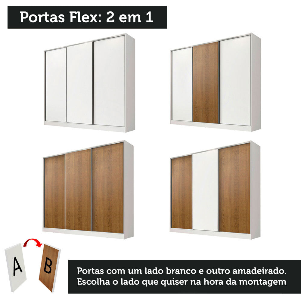 Guarda-Roupa Casal 100% MDF Madesa Royale 3 Portas de Correr Branco/Branco/Rustic