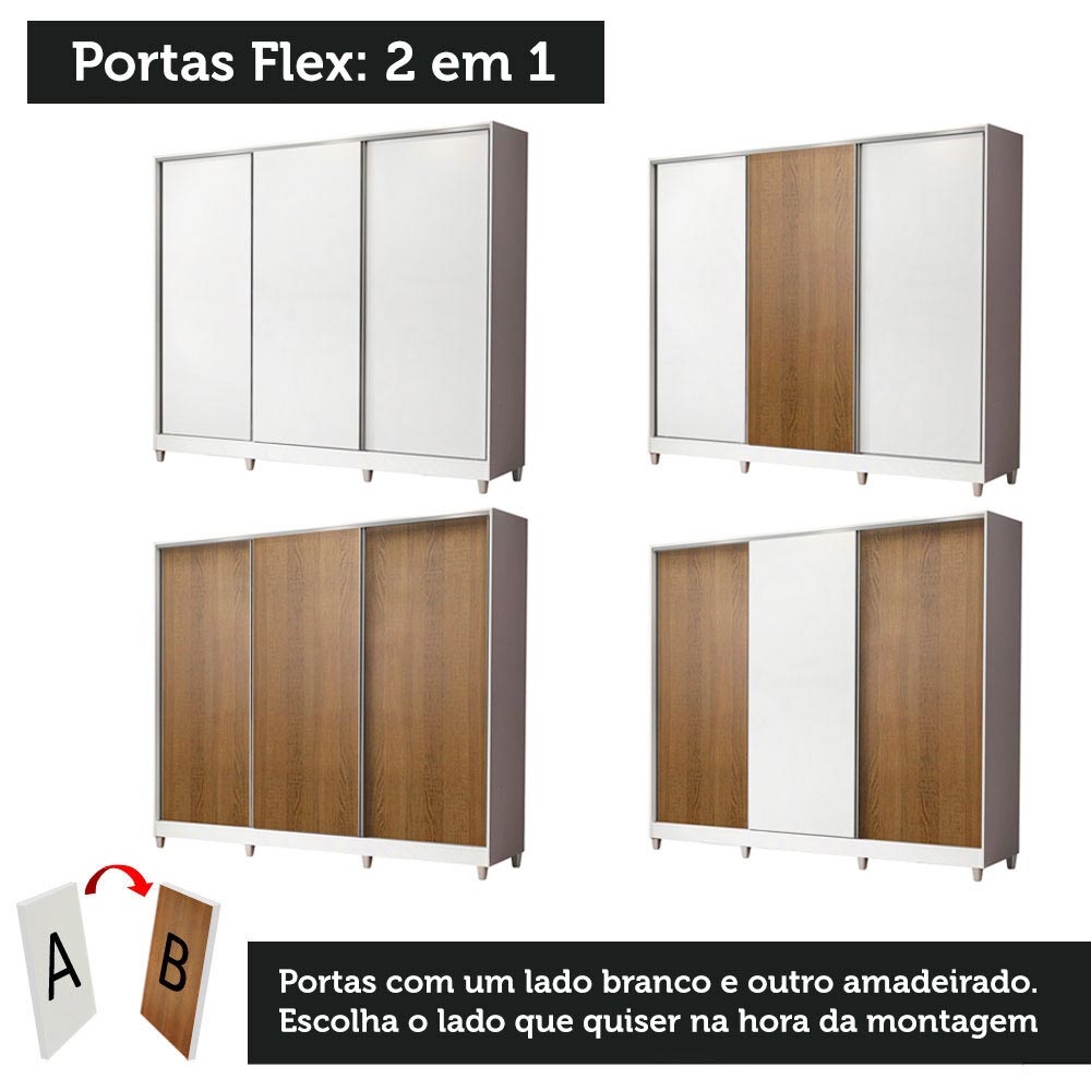 Guarda-Roupa Casal 100% MDF Madesa Royale 3 Portas de Correr com Pés Branco/Branco/Rustic