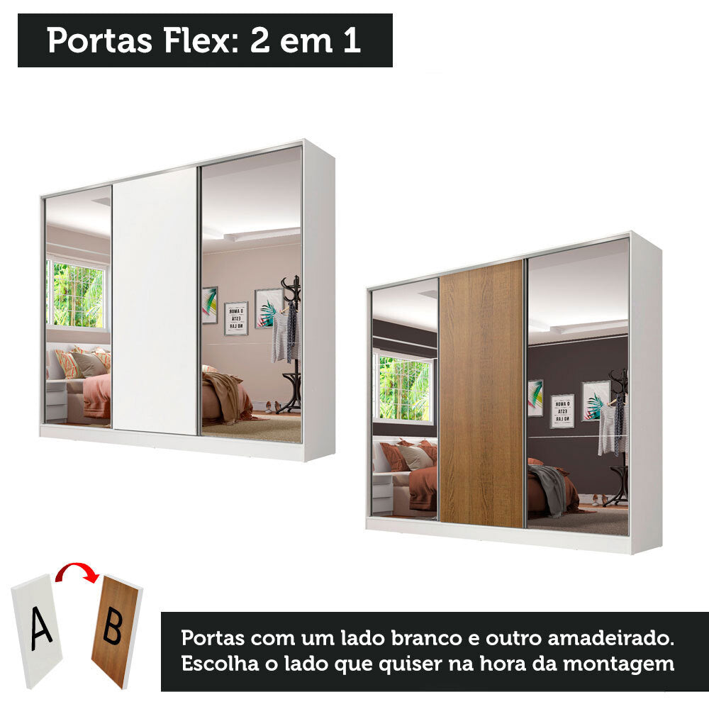 Guarda-Roupa Casal 100% MDF Madesa Royale 3 Portas de Correr com Espelhos Branco/Rustic