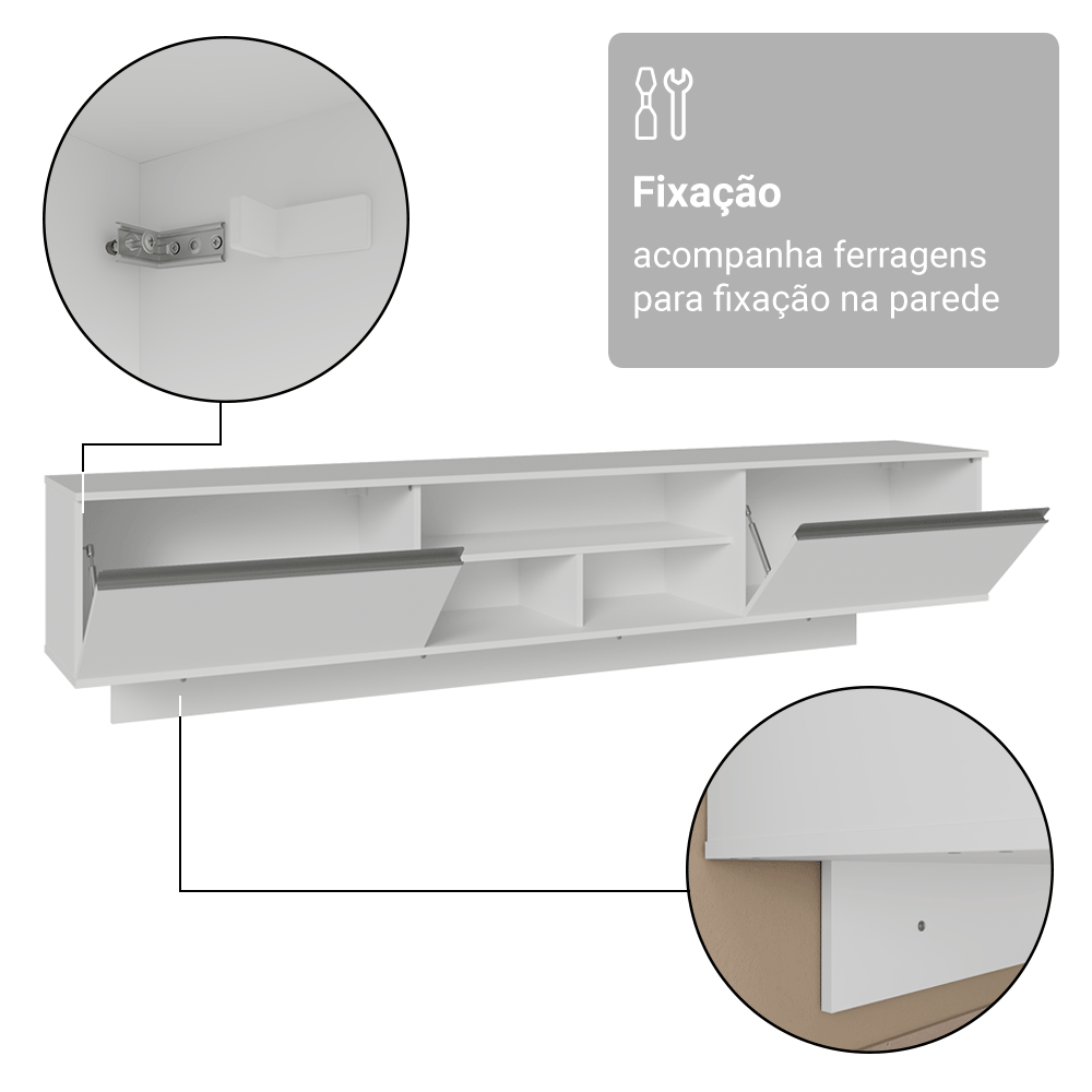 Rack Suspenso para TV até 80 Polegadas 218 cm 2 Portas Branco Glamy Madesa