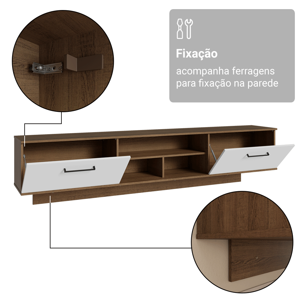 Rack Suspenso para TV até 80 Polegadas 218 cm 2 Portas Rustic/Branco Agata Madesa