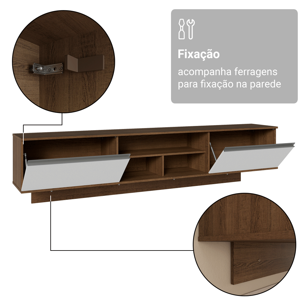 Rack Suspenso para TV até 80 Polegadas 218 cm 2 Portas Rustic/Branco Glamy Madesa