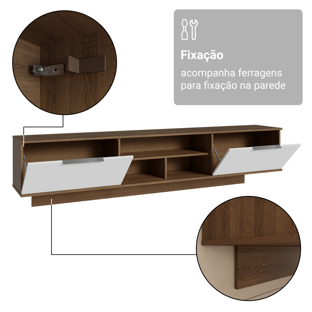 Rack Suspenso para TV até 80 Polegadas 218 cm 2 Portas Rustic/Branco Stella Madesa