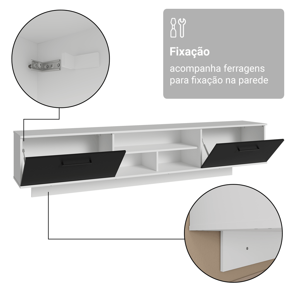 Rack Suspenso para TV até 80 Polegadas 218 cm 2 Portas Branco/Preto Agata Madesa