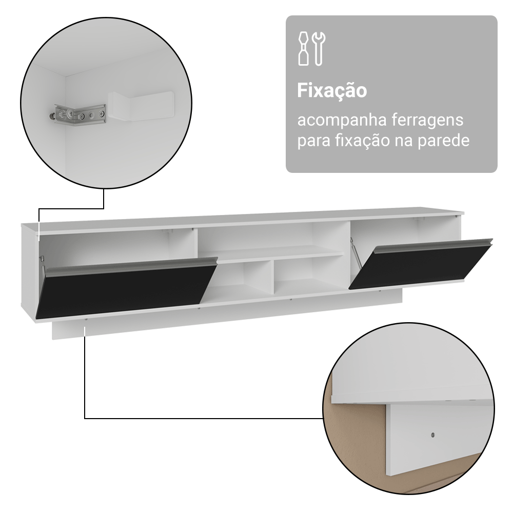 Rack Suspenso para TV até 80 Polegadas 218 cm 2 Portas Branco/Preto Glamy Madesa