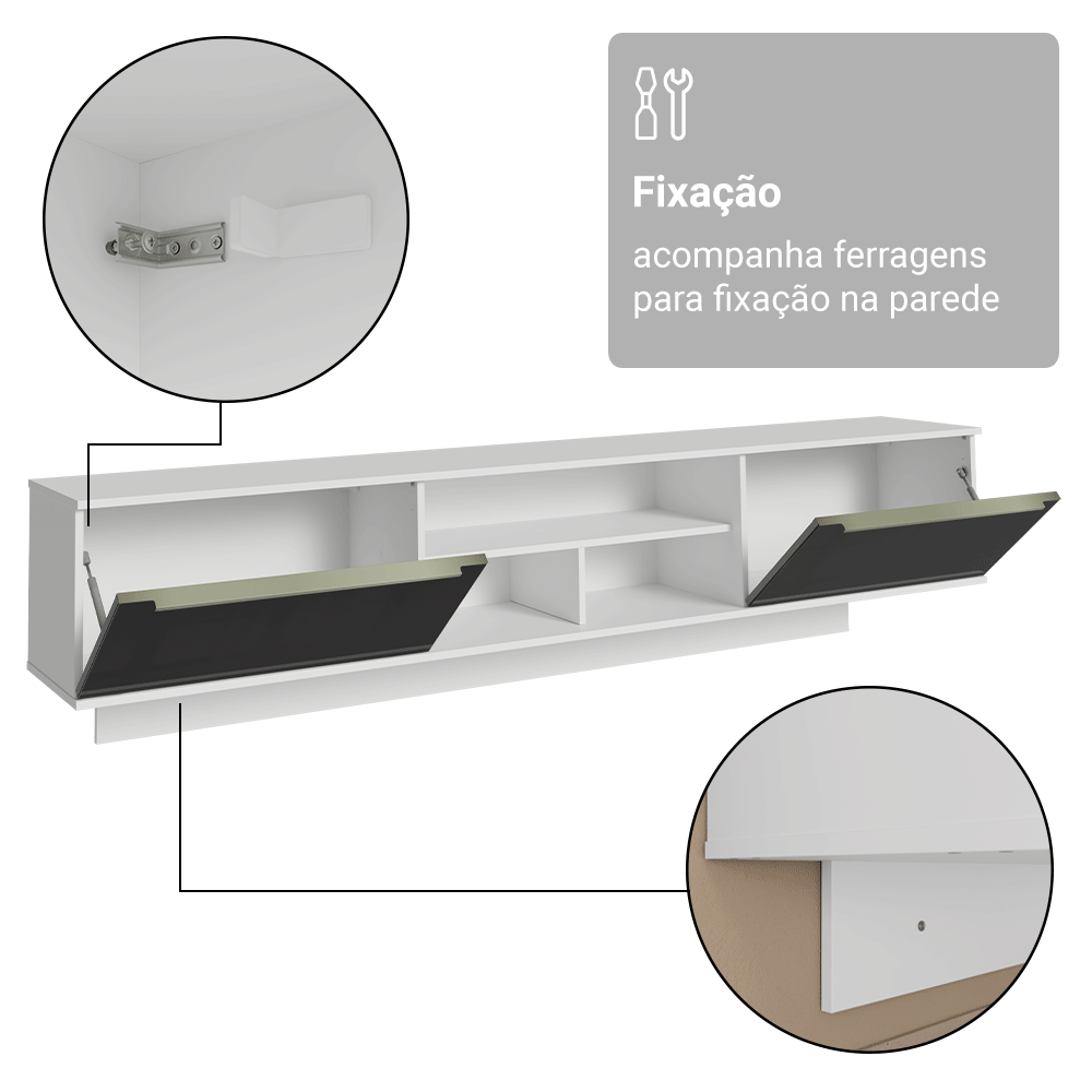 Rack Suspenso para TV até 80 Polegadas 218 cm 2 Portas Branco/Preto Lux Madesa
