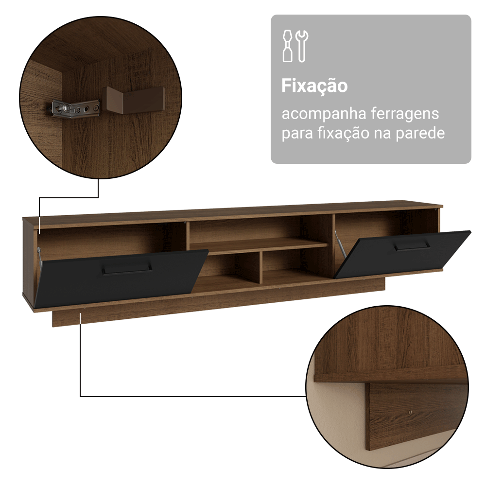 Rack Suspenso para TV até 80 Polegadas 218 cm 2 Portas Rustic/Preto Agata Madesa