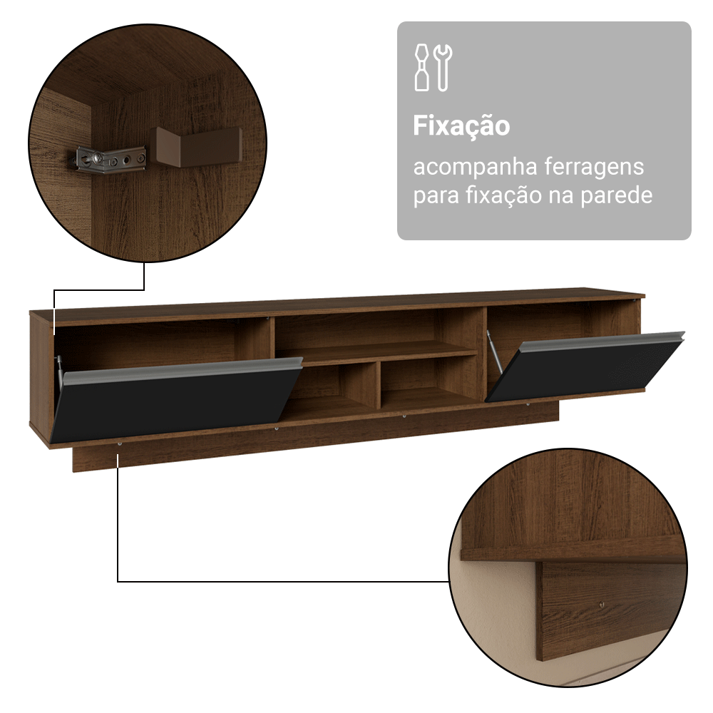 Rack Suspenso para TV até 80 Polegadas 218 cm 2 Portas Rustic/Preto Glamy Madesa