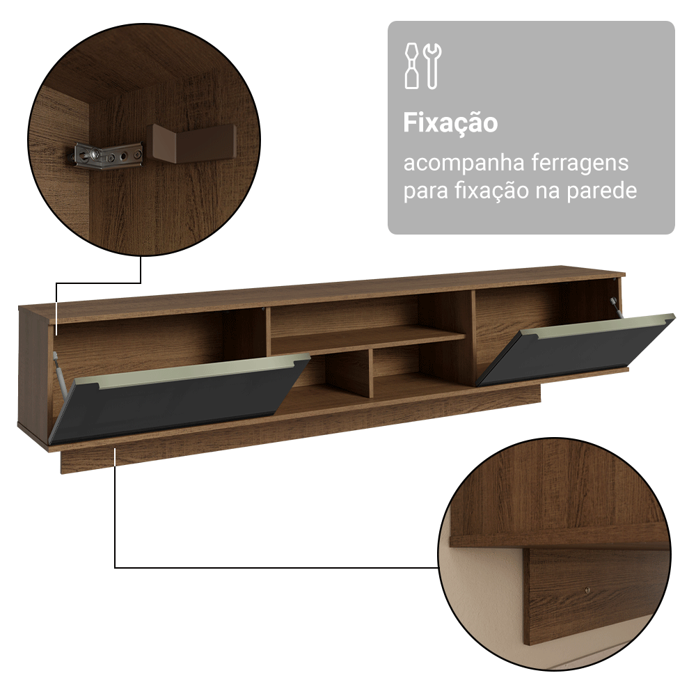 Rack Suspenso para TV até 80 Polegadas 218 cm 2 Portas Rustic/Preto Lux Madesa