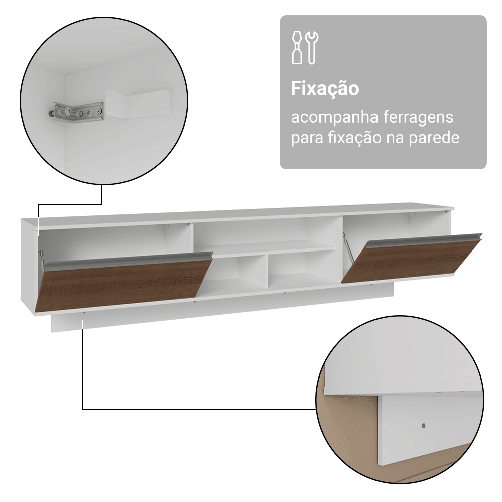 Rack Suspenso para TV até 80 Polegadas 218 cm 2 Portas Branco/Rustic Glamy Madesa