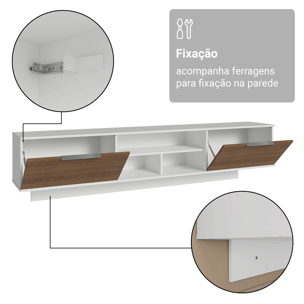 Rack Suspenso para TV até 80 Polegadas 218 cm 2 Portas Branco/Rustic Stella Madesa